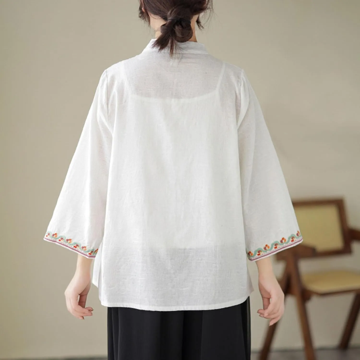 Women's Cotton Linen Blouse Vintage Chinese Style Mandarin Collar Tops Elegant Casual 3/4 Sleeve Shirts Summer Tshirt