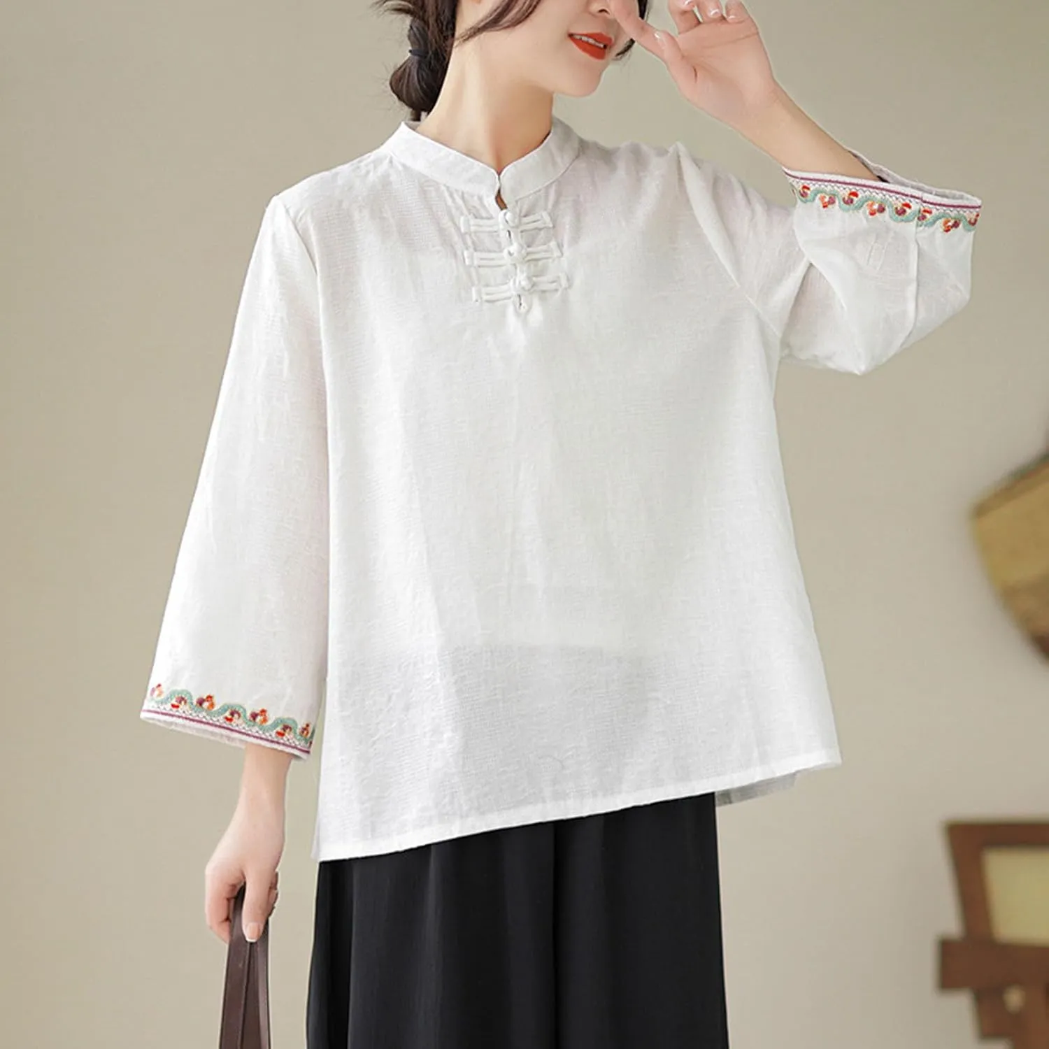 Women's Cotton Linen Blouse Vintage Chinese Style Mandarin Collar Tops Elegant Casual 3/4 Sleeve Shirts Summer Tshirt