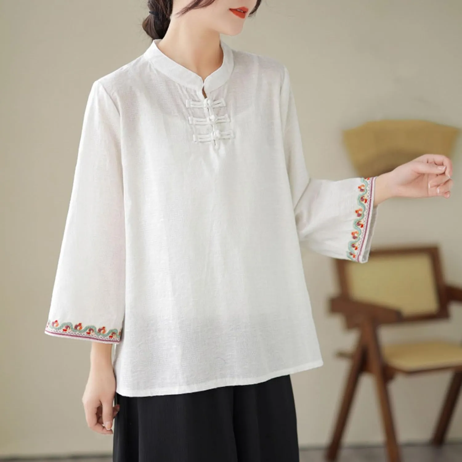 Women's Cotton Linen Blouse Vintage Chinese Style Mandarin Collar Tops Elegant Casual 3/4 Sleeve Shirts Summer Tshirt