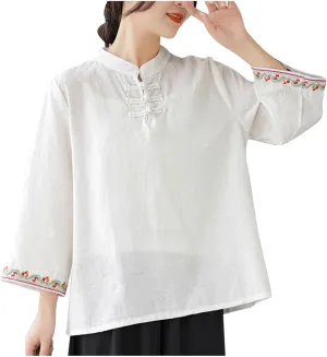 Women's Cotton Linen Blouse Vintage Chinese Style Mandarin Collar Tops Elegant Casual 3/4 Sleeve Shirts Summer Tshirt