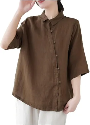Women's Cotton Linen Retro Irregular Chinese Frog Button Tops Casual Lapel Collar Half Sleeve Blouse Summer Beach Shirts