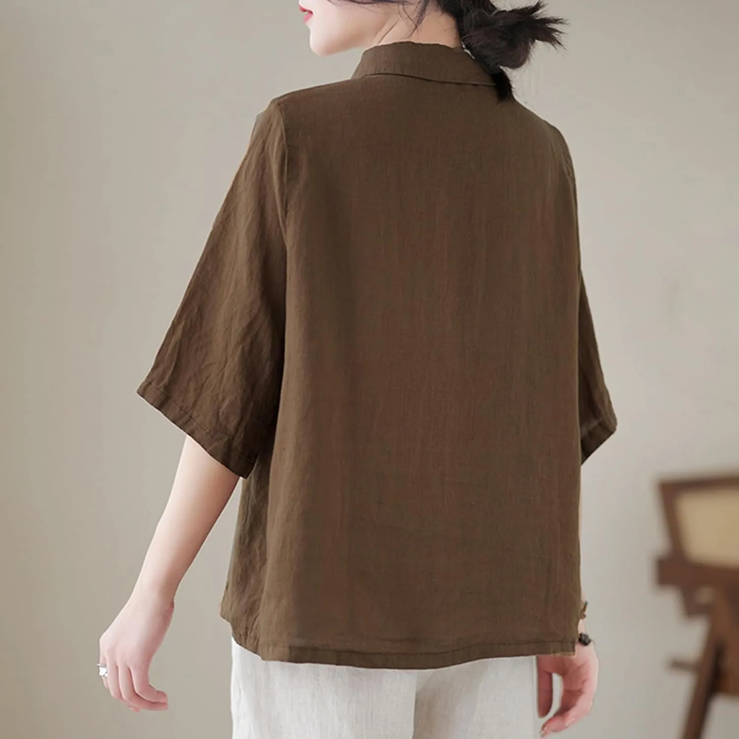 Women's Cotton Linen Retro Irregular Chinese Frog Button Tops Casual Lapel Collar Half Sleeve Blouse Summer Beach Shirts