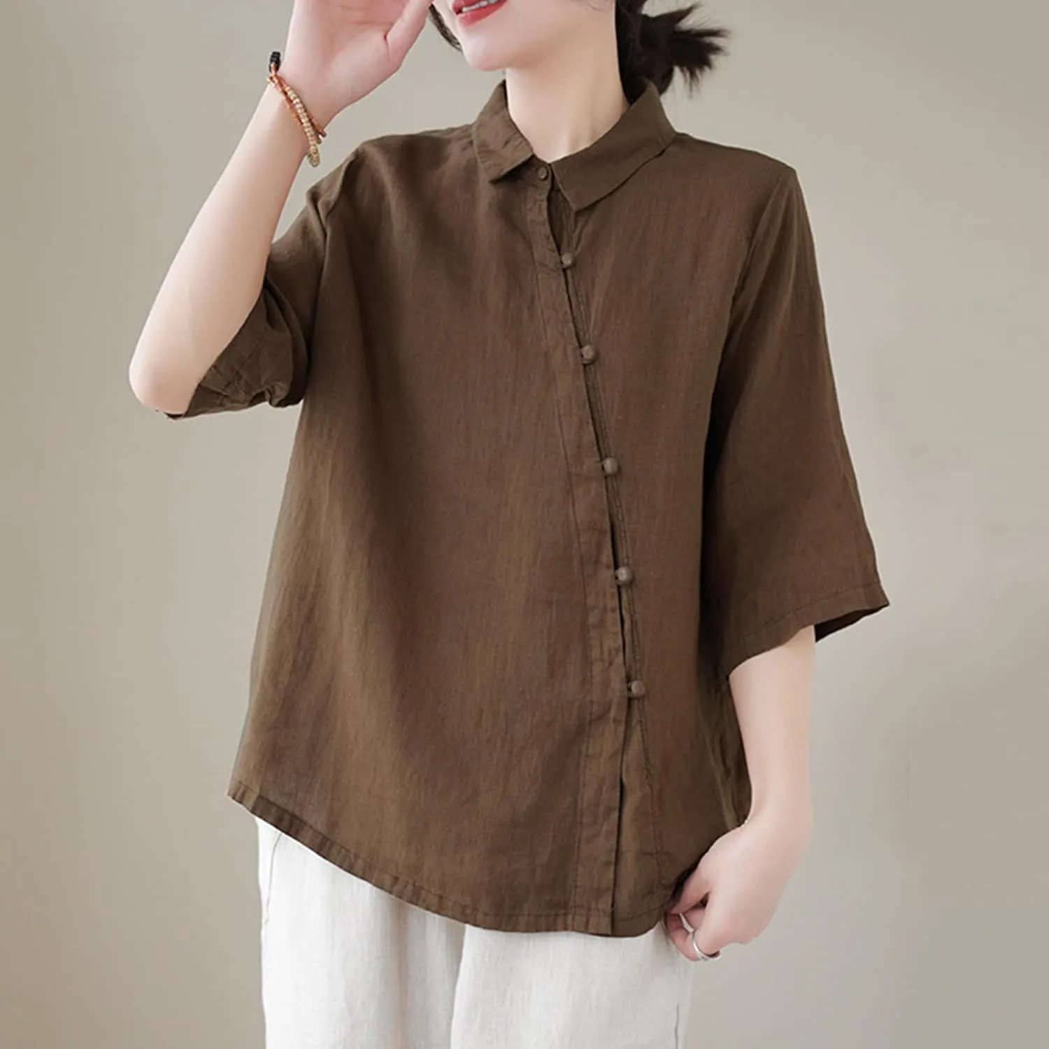 Women's Cotton Linen Retro Irregular Chinese Frog Button Tops Casual Lapel Collar Half Sleeve Blouse Summer Beach Shirts