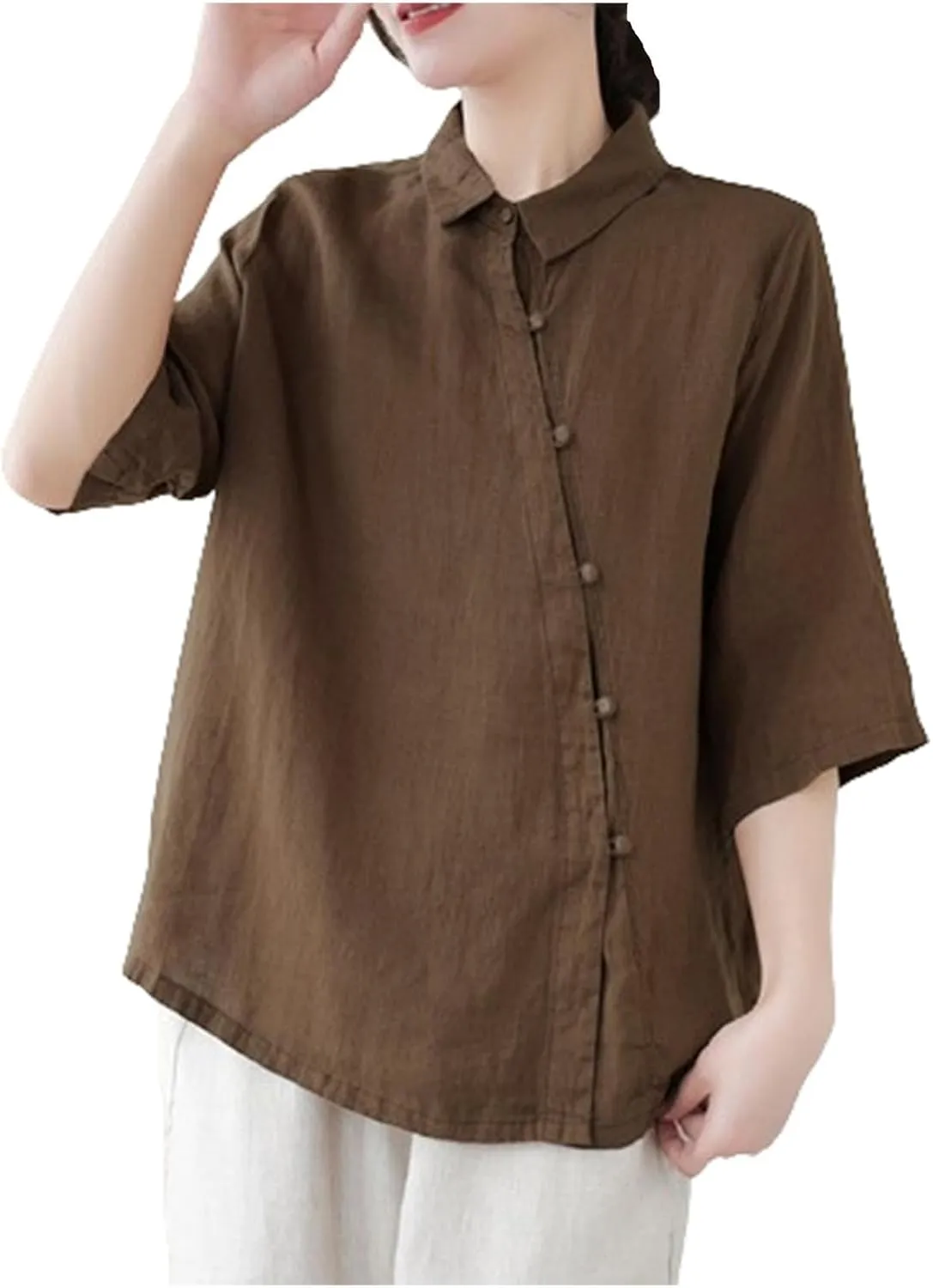 Women's Cotton Linen Retro Irregular Chinese Frog Button Tops Casual Lapel Collar Half Sleeve Blouse Summer Beach Shirts