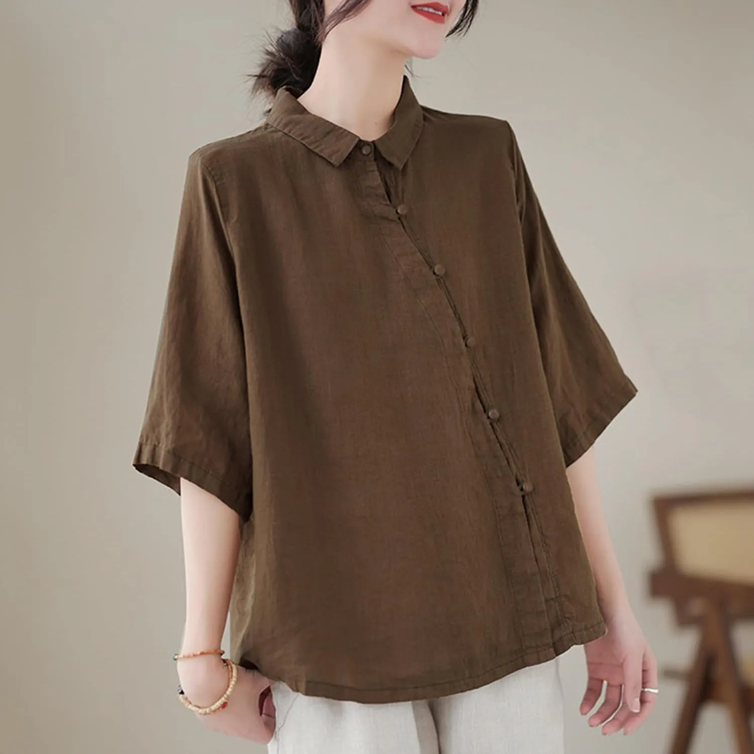 Women's Cotton Linen Retro Irregular Chinese Frog Button Tops Casual Lapel Collar Half Sleeve Blouse Summer Beach Shirts