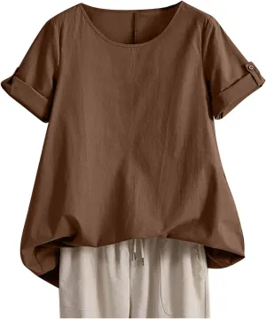 Women's Cotton Linen T Shirts Summer Crew Neck Rolled Short Sleeve Blouses Casual Loose Solid Basic Tunics Tee Tops