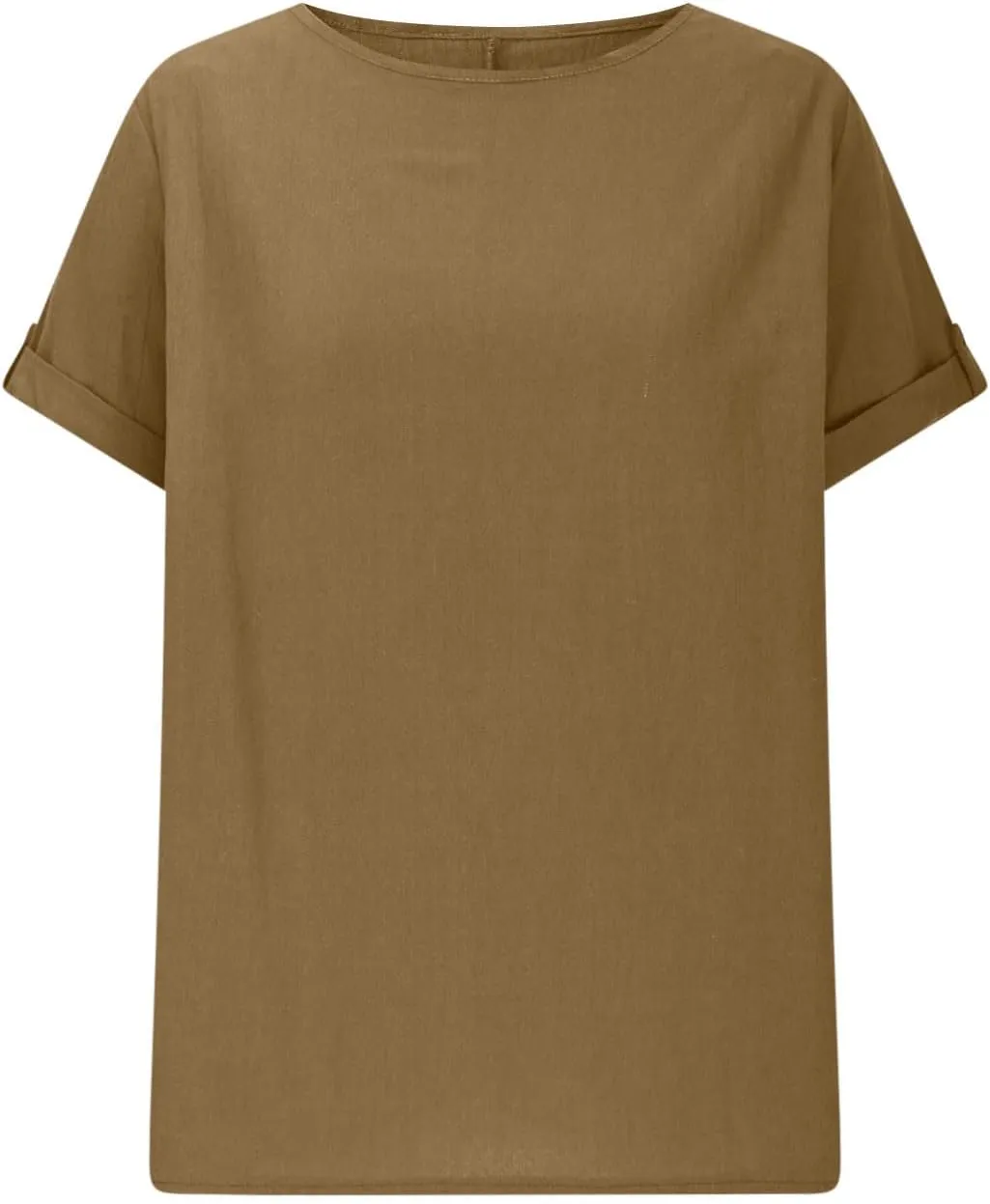Women's Cotton Linen T Shirts Summer Crew Neck Rolled Short Sleeve Blouses Casual Loose Solid Basic Tunics Tee Tops