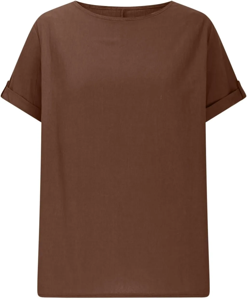 Women's Cotton Linen T Shirts Summer Crew Neck Rolled Short Sleeve Blouses Casual Loose Solid Basic Tunics Tee Tops