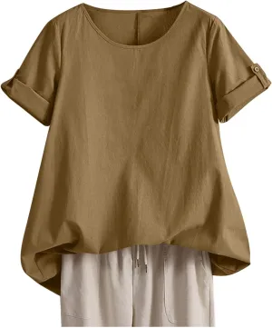 Women's Cotton Linen T Shirts Summer Crew Neck Rolled Short Sleeve Blouses Casual Loose Solid Basic Tunics Tee Tops