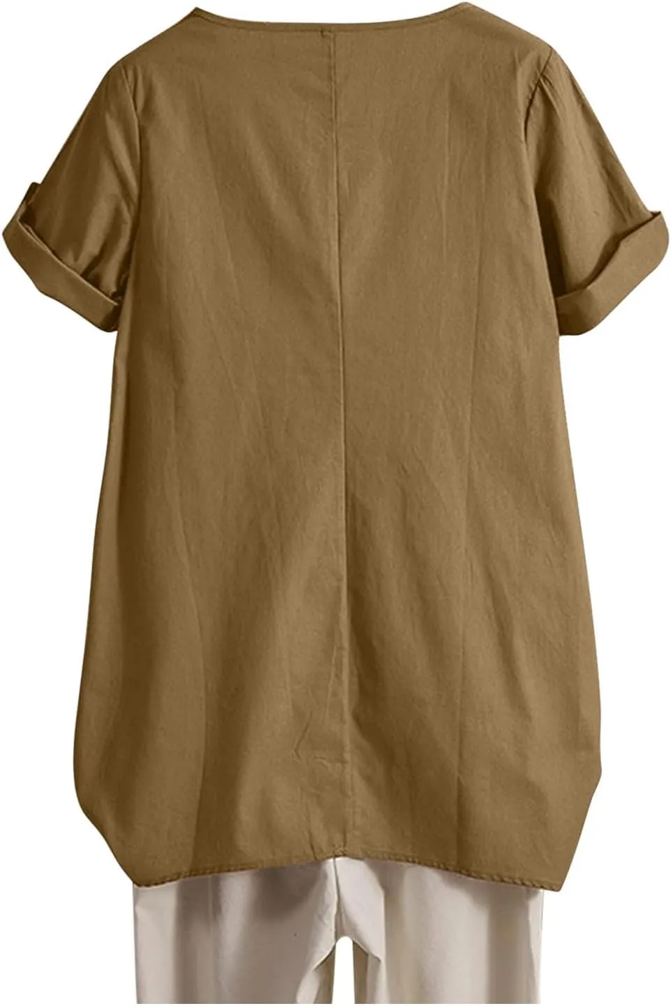 Women's Cotton Linen T Shirts Summer Crew Neck Rolled Short Sleeve Blouses Casual Loose Solid Basic Tunics Tee Tops
