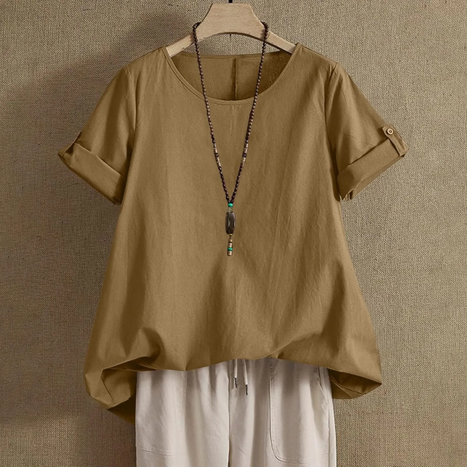 Women's Cotton Linen T Shirts Summer Crew Neck Rolled Short Sleeve Blouses Casual Loose Solid Basic Tunics Tee Tops