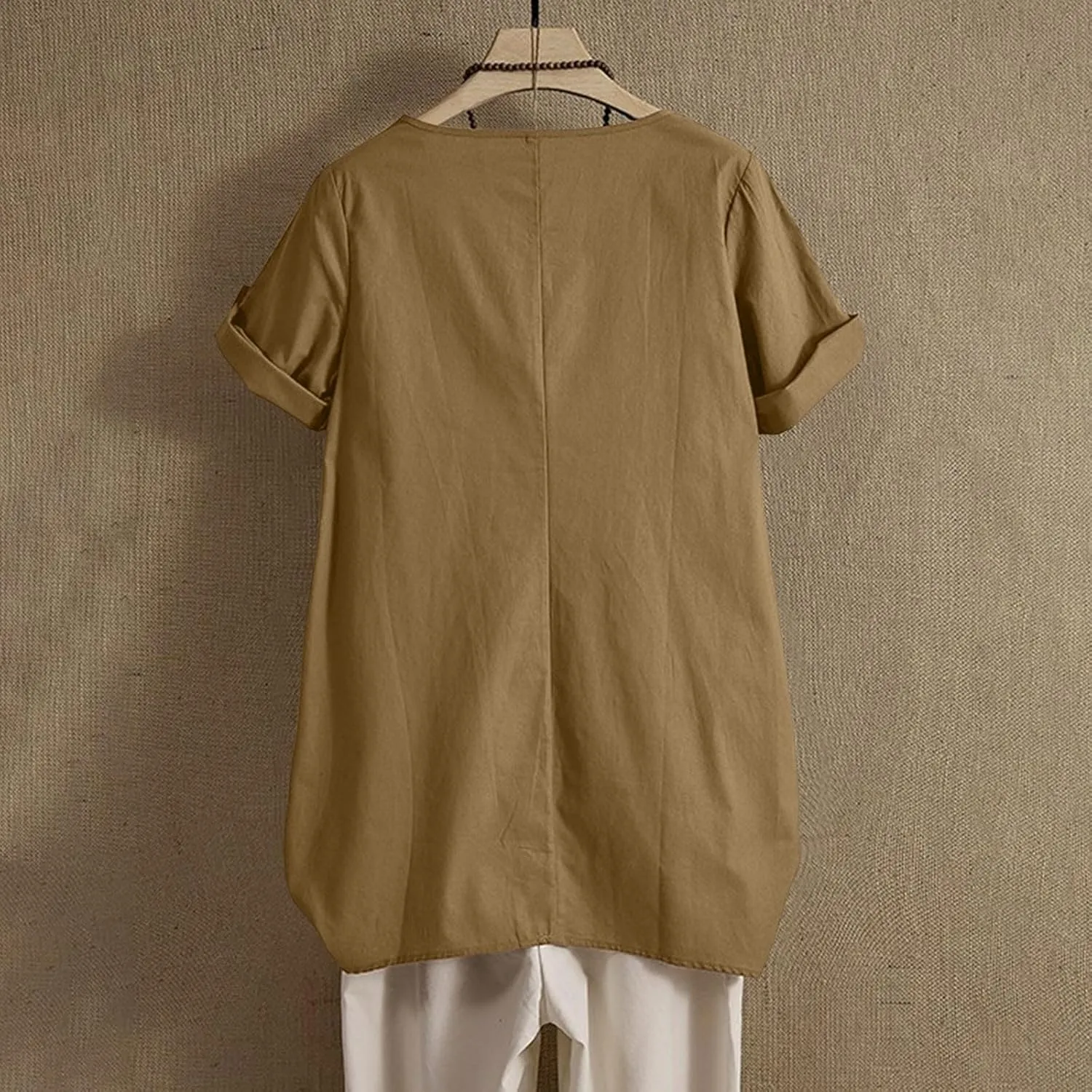 Women's Cotton Linen T Shirts Summer Crew Neck Rolled Short Sleeve Blouses Casual Loose Solid Basic Tunics Tee Tops