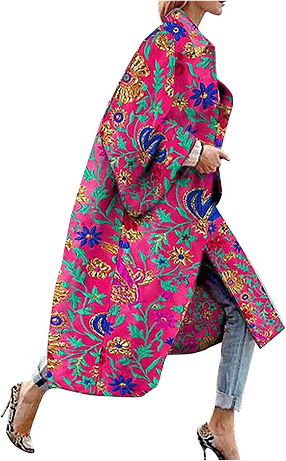 Women's Cotton Linen Vintage Floral Print Lightweight Trench Coat Long Jacket Robe with Pockets