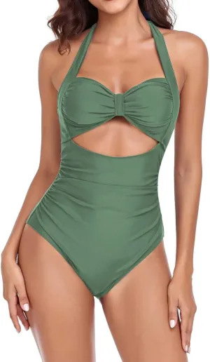 Women's Cutout One Piece Swimsuit Tummy Control Push Up Ruched Bathing Suits High Cut Backless Swimwear Beachwear
