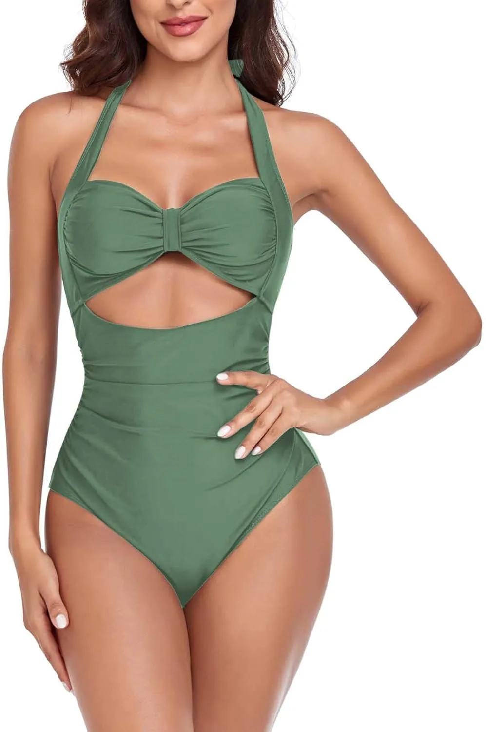 Women's Cutout One Piece Swimsuit Tummy Control Push Up Ruched Bathing Suits High Cut Backless Swimwear Beachwear