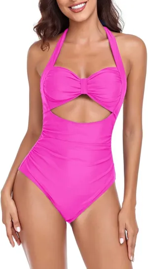 Women's Cutout One Piece Swimsuit Tummy Control Push Up Ruched Bathing Suits High Cut Backless Swimwear Beachwear