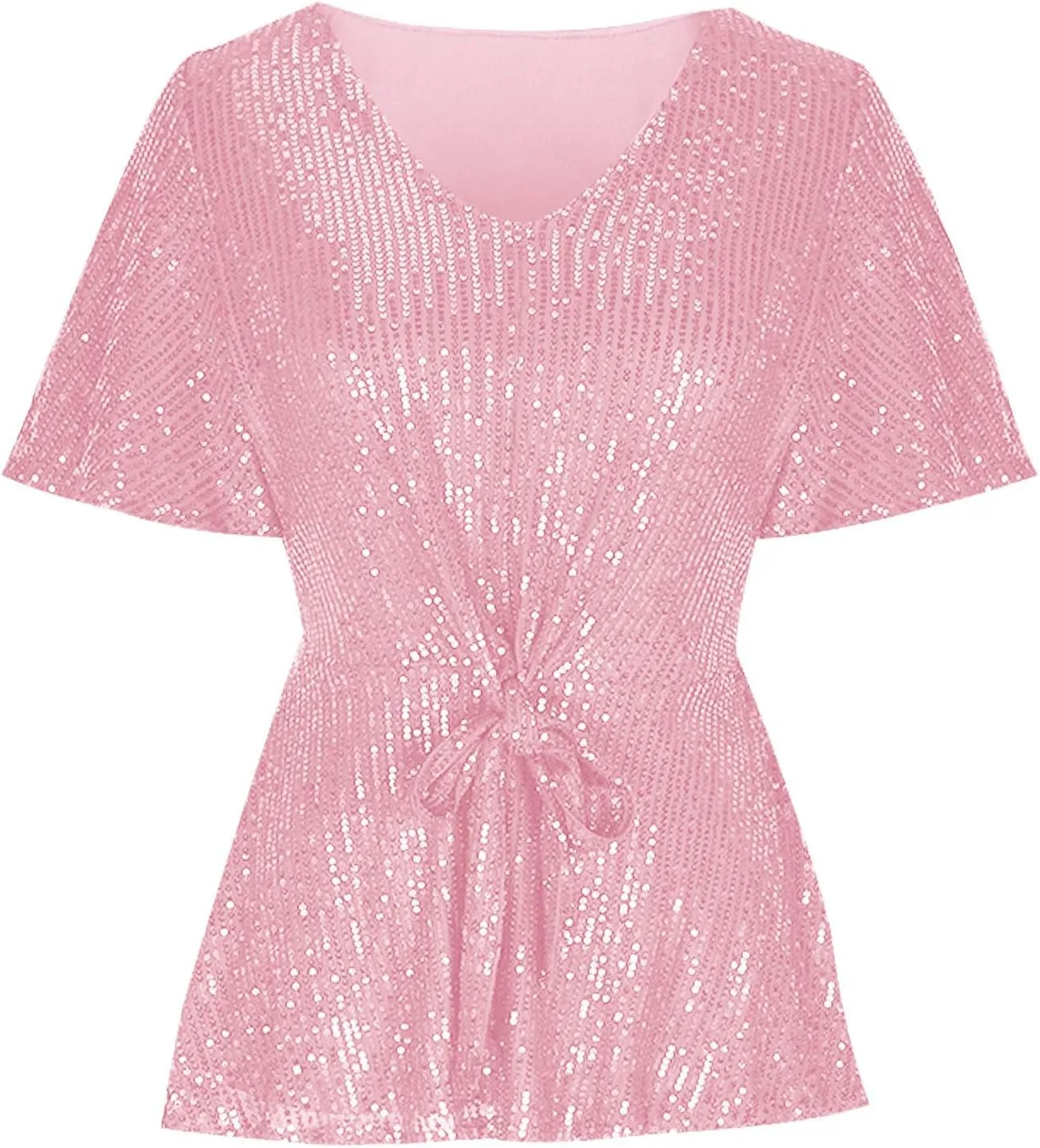 Women's Elegant Sequin Tops V Neck Tie Front Short Sleeve Shirts Peplum Top Dressy Casual Blouse Sparkly Glitter Tunic
