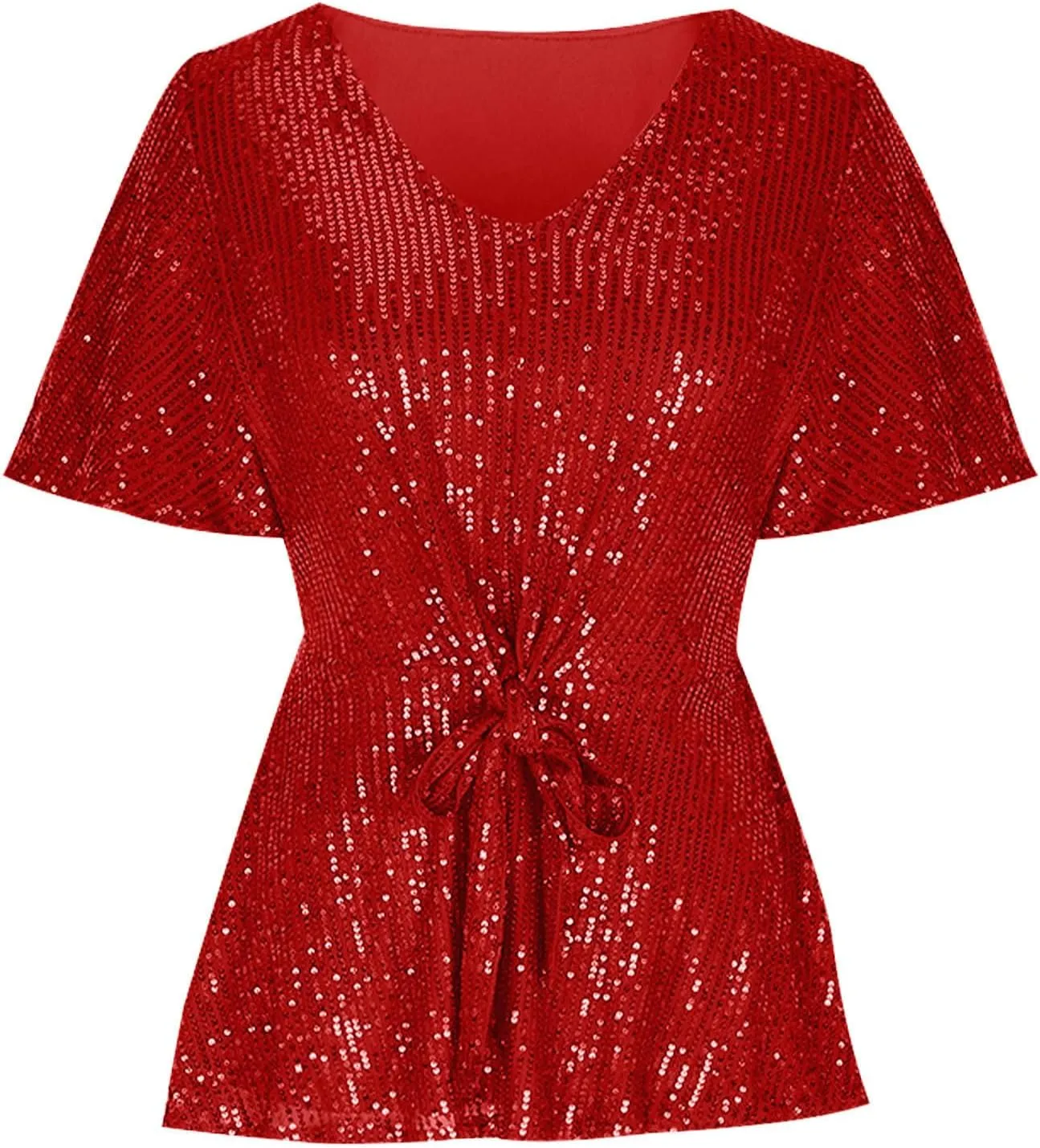 Women's Elegant Sequin Tops V Neck Tie Front Short Sleeve Shirts Peplum Top Dressy Casual Blouse Sparkly Glitter Tunic