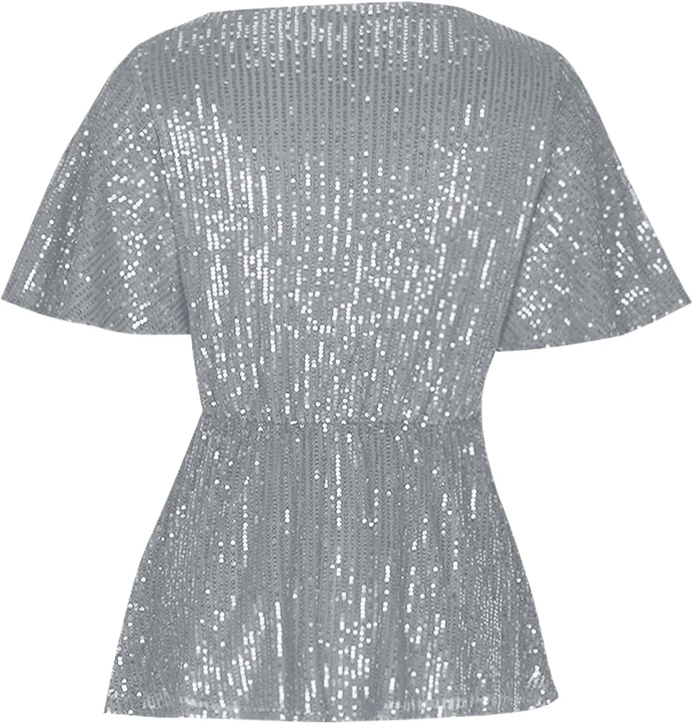 Women's Elegant Sequin Tops V Neck Tie Front Short Sleeve Shirts Peplum Top Dressy Casual Blouse Sparkly Glitter Tunic