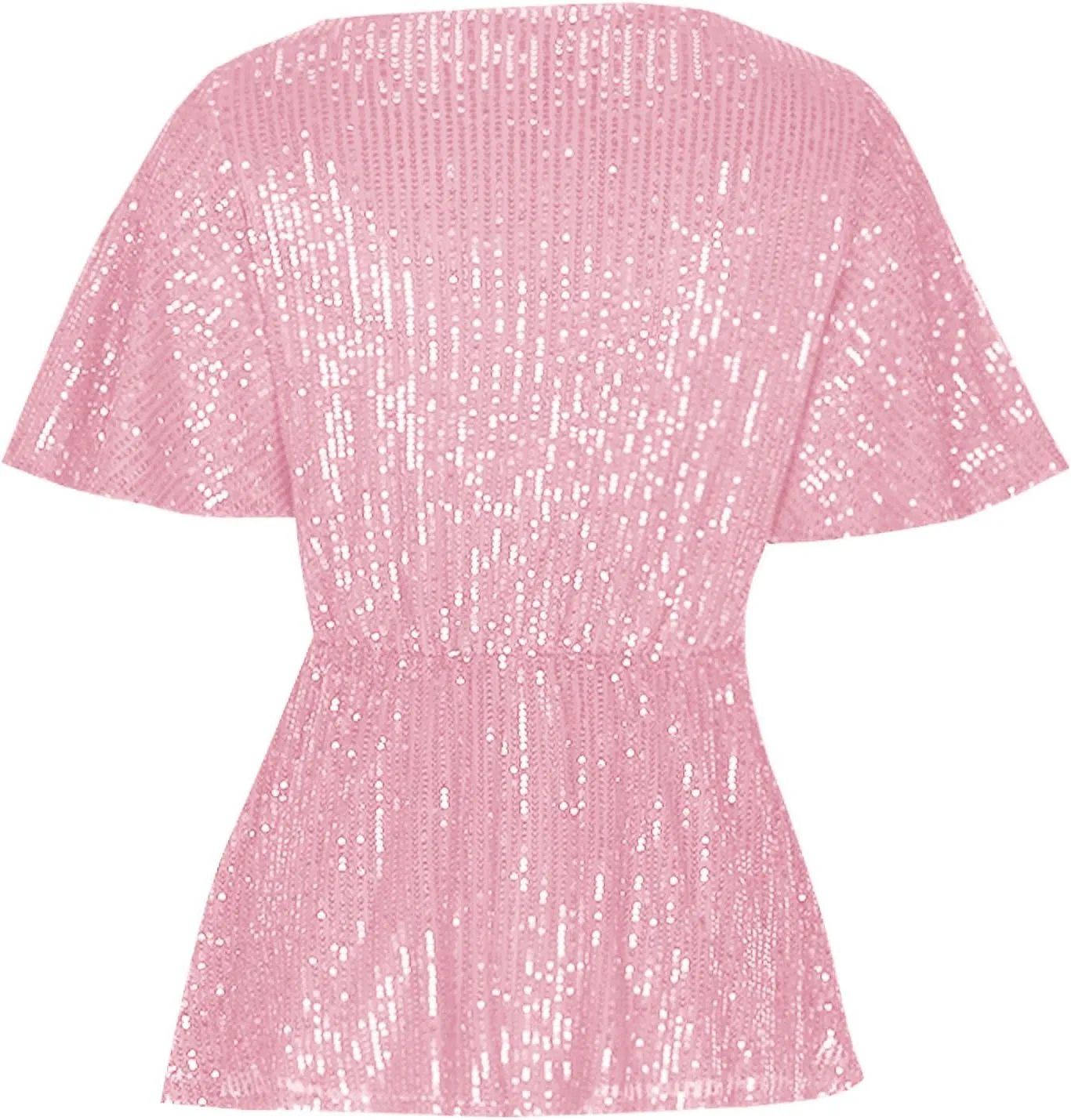 Women's Elegant Sequin Tops V Neck Tie Front Short Sleeve Shirts Peplum Top Dressy Casual Blouse Sparkly Glitter Tunic