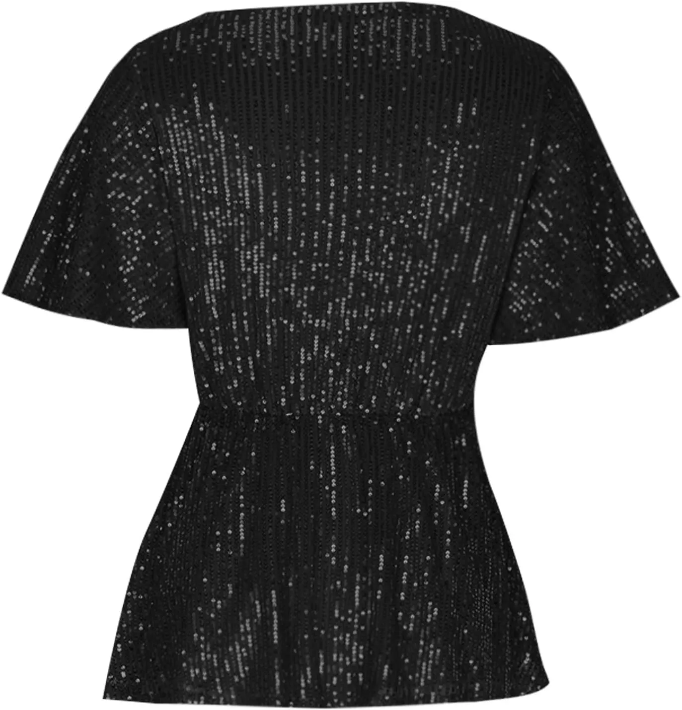 Women's Elegant Sequin Tops V Neck Tie Front Short Sleeve Shirts Peplum Top Dressy Casual Blouse Sparkly Glitter Tunic