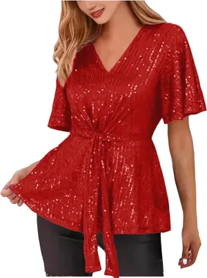 Women's Elegant Sequin Tops V Neck Tie Front Short Sleeve Shirts Peplum Top Dressy Casual Blouse Sparkly Glitter Tunic