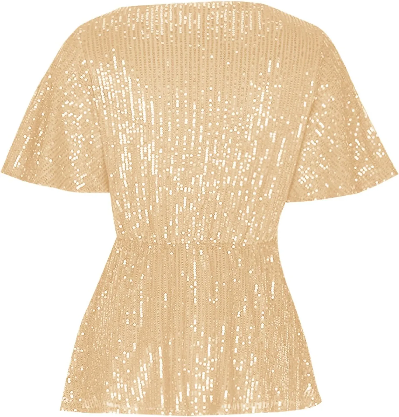 Women's Elegant Sequin Tops V Neck Tie Front Short Sleeve Shirts Peplum Top Dressy Casual Blouse Sparkly Glitter Tunic