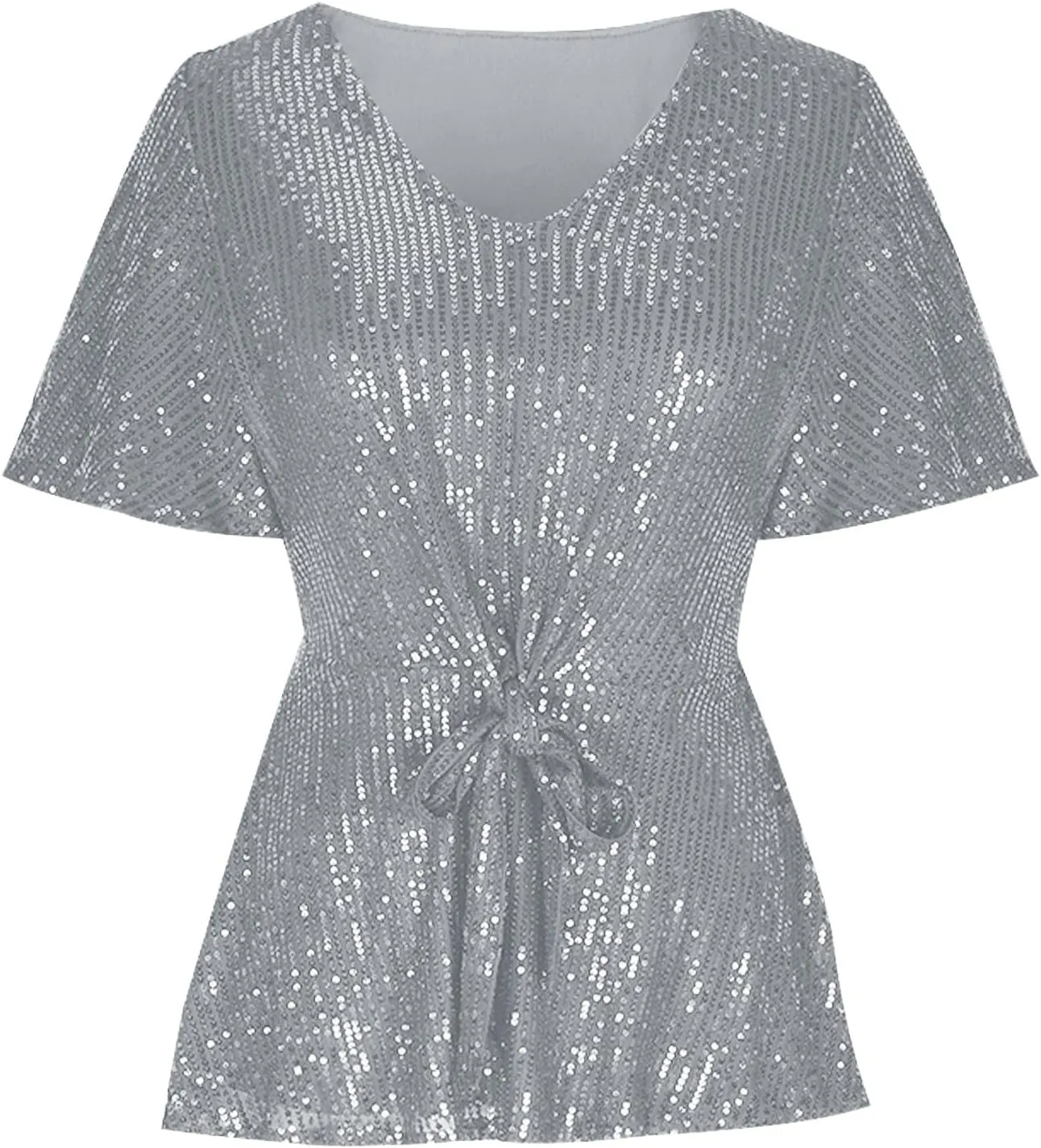 Women's Elegant Sequin Tops V Neck Tie Front Short Sleeve Shirts Peplum Top Dressy Casual Blouse Sparkly Glitter Tunic