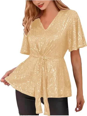 Women's Elegant Sequin Tops V Neck Tie Front Short Sleeve Shirts Peplum Top Dressy Casual Blouse Sparkly Glitter Tunic