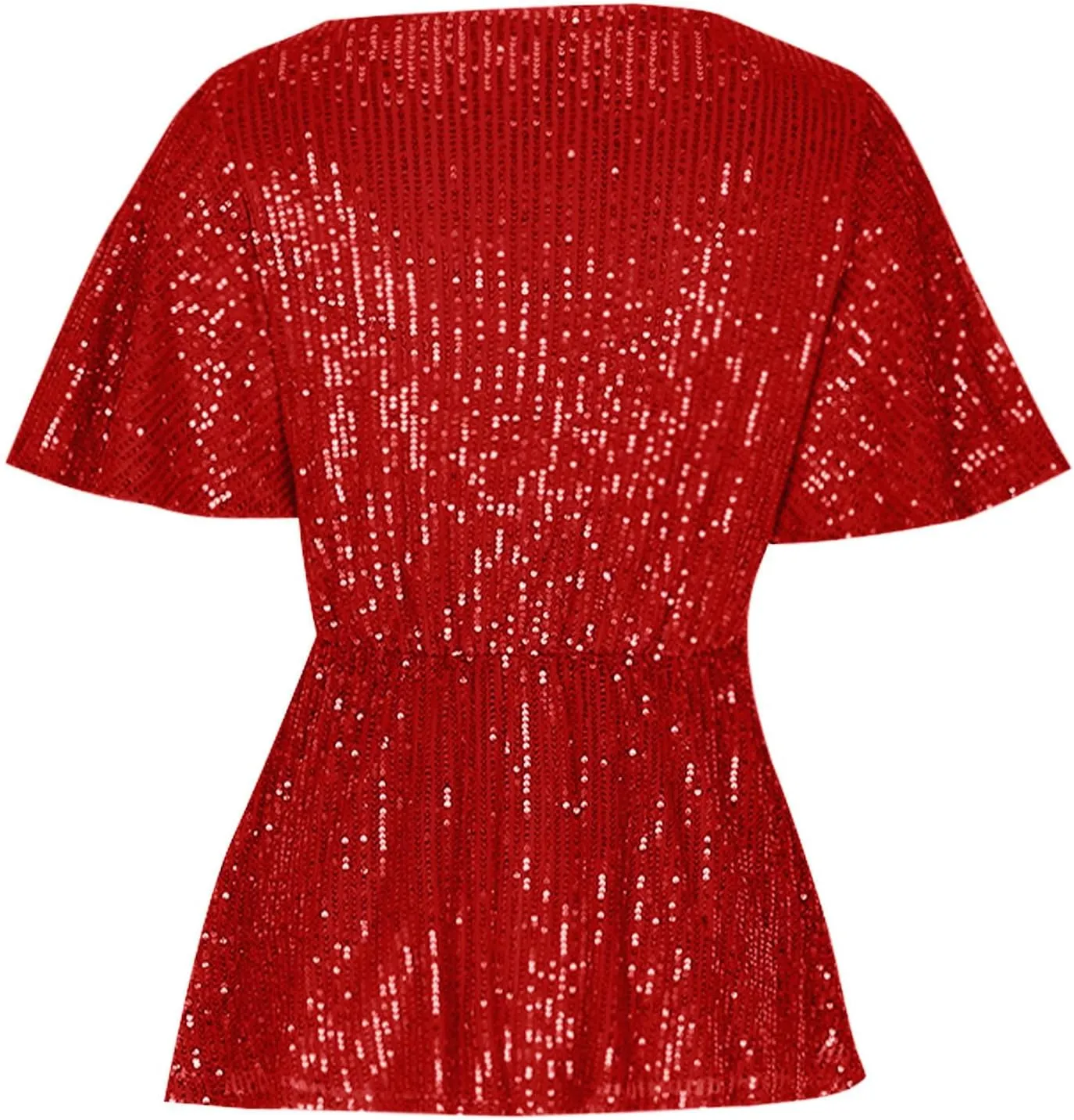 Women's Elegant Sequin Tops V Neck Tie Front Short Sleeve Shirts Peplum Top Dressy Casual Blouse Sparkly Glitter Tunic