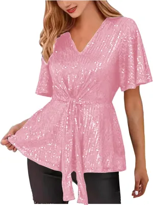 Women's Elegant Sequin Tops V Neck Tie Front Short Sleeve Shirts Peplum Top Dressy Casual Blouse Sparkly Glitter Tunic