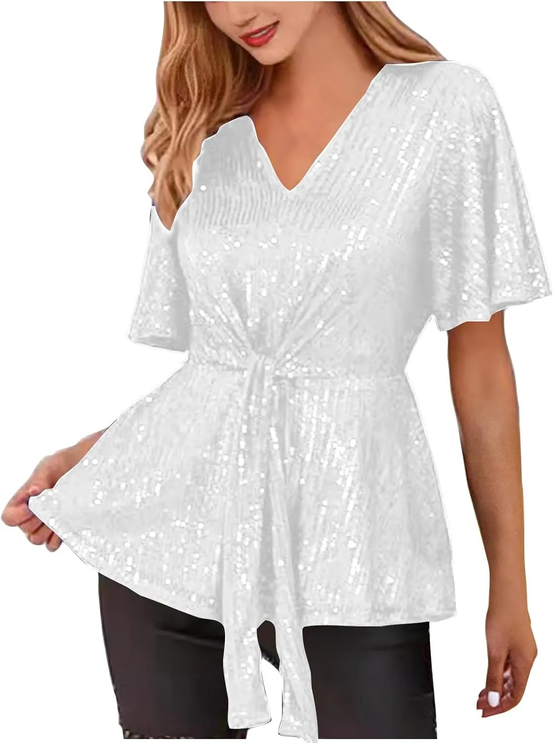 Women's Elegant Sequin Tops V Neck Tie Front Short Sleeve Shirts Peplum Top Dressy Casual Blouse Sparkly Glitter Tunic