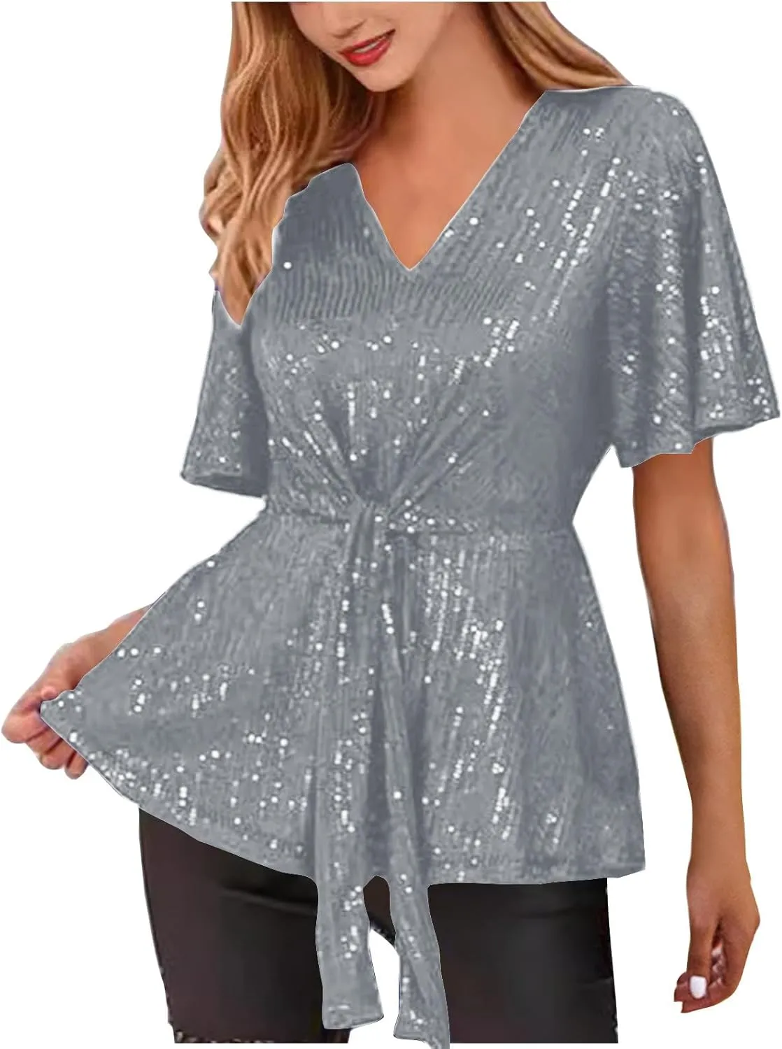 Women's Elegant Sequin Tops V Neck Tie Front Short Sleeve Shirts Peplum Top Dressy Casual Blouse Sparkly Glitter Tunic