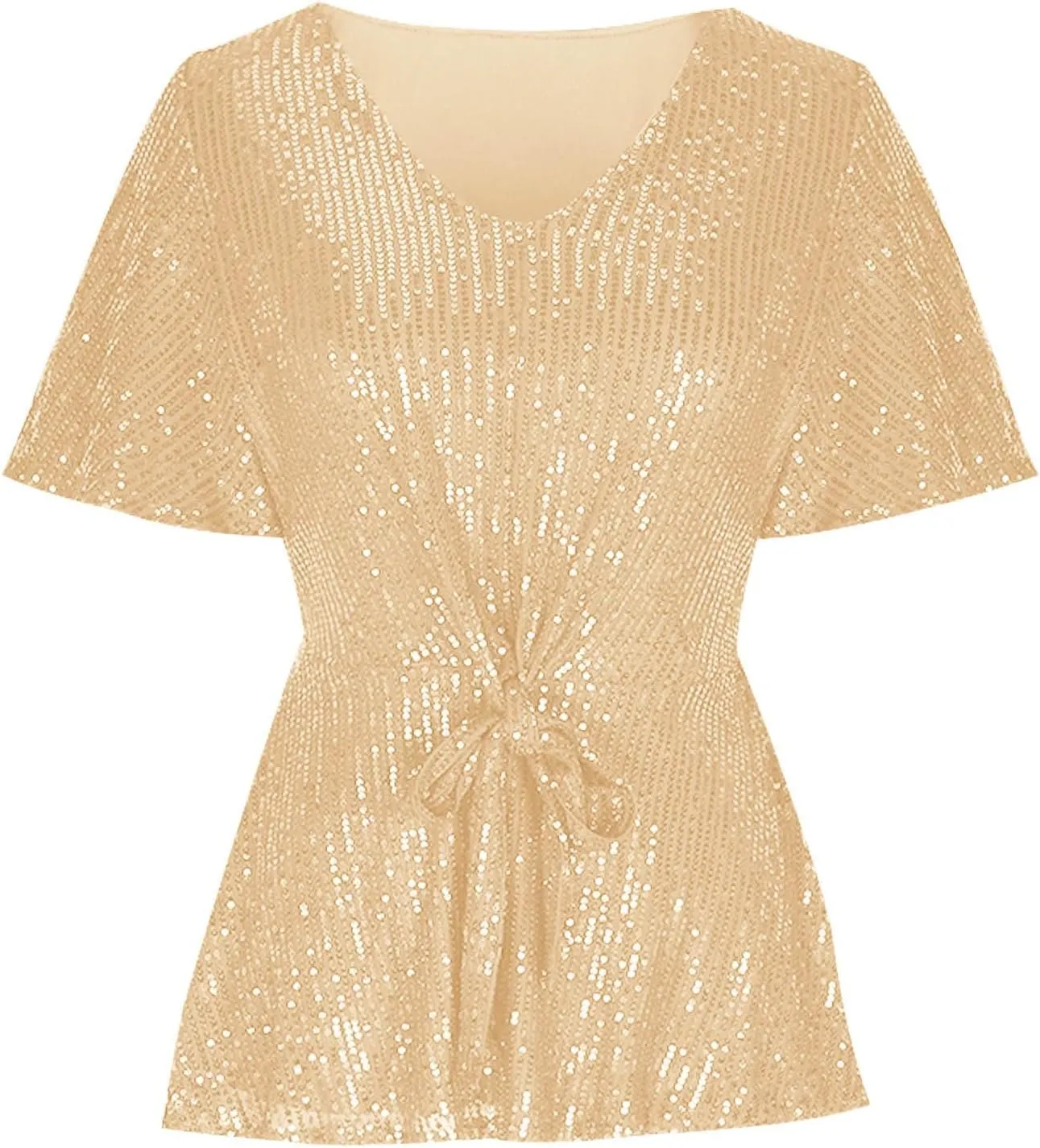 Women's Elegant Sequin Tops V Neck Tie Front Short Sleeve Shirts Peplum Top Dressy Casual Blouse Sparkly Glitter Tunic