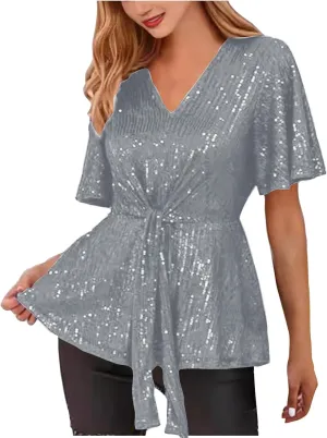 Women's Elegant Sequin Tops V Neck Tie Front Short Sleeve Shirts Peplum Top Dressy Casual Blouse Sparkly Glitter Tunic