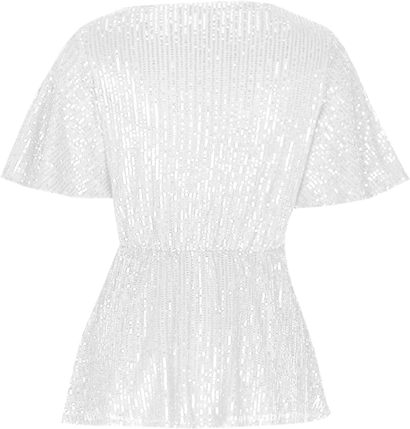 Women's Elegant Sequin Tops V Neck Tie Front Short Sleeve Shirts Peplum Top Dressy Casual Blouse Sparkly Glitter Tunic