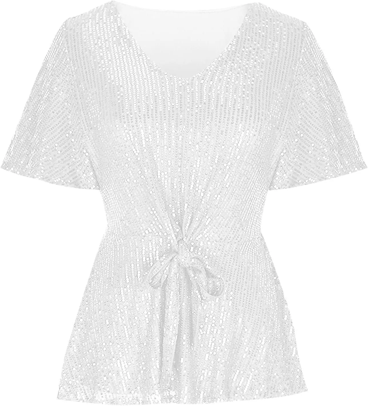 Women's Elegant Sequin Tops V Neck Tie Front Short Sleeve Shirts Peplum Top Dressy Casual Blouse Sparkly Glitter Tunic