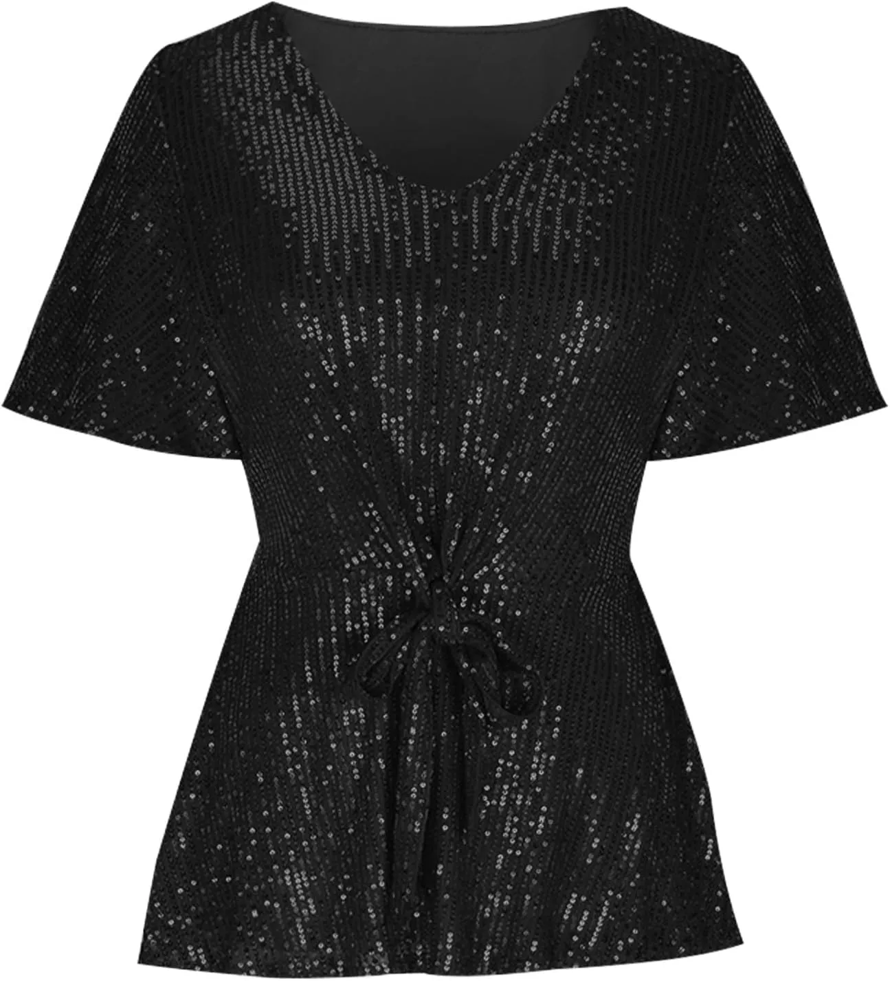 Women's Elegant Sequin Tops V Neck Tie Front Short Sleeve Shirts Peplum Top Dressy Casual Blouse Sparkly Glitter Tunic