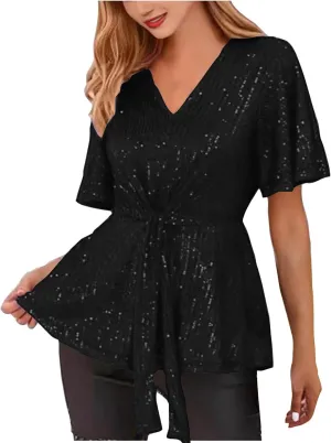 Women's Elegant Sequin Tops V Neck Tie Front Short Sleeve Shirts Peplum Top Dressy Casual Blouse Sparkly Glitter Tunic