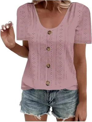 Womens Eyelet T-Shirts Sexy Scoop Neck Tops Casual Solid Short Sleeve Shirts Trendy 2024 Summer Button Tees