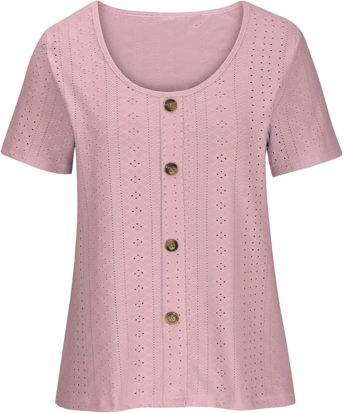Womens Eyelet T-Shirts Sexy Scoop Neck Tops Casual Solid Short Sleeve Shirts Trendy 2024 Summer Button Tees