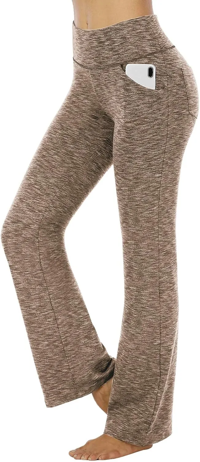 Women's Flare Yoga Pants with Pockets Long Waist Bottom High Palazzo Yoga Pants Tummy Control Workout Running
