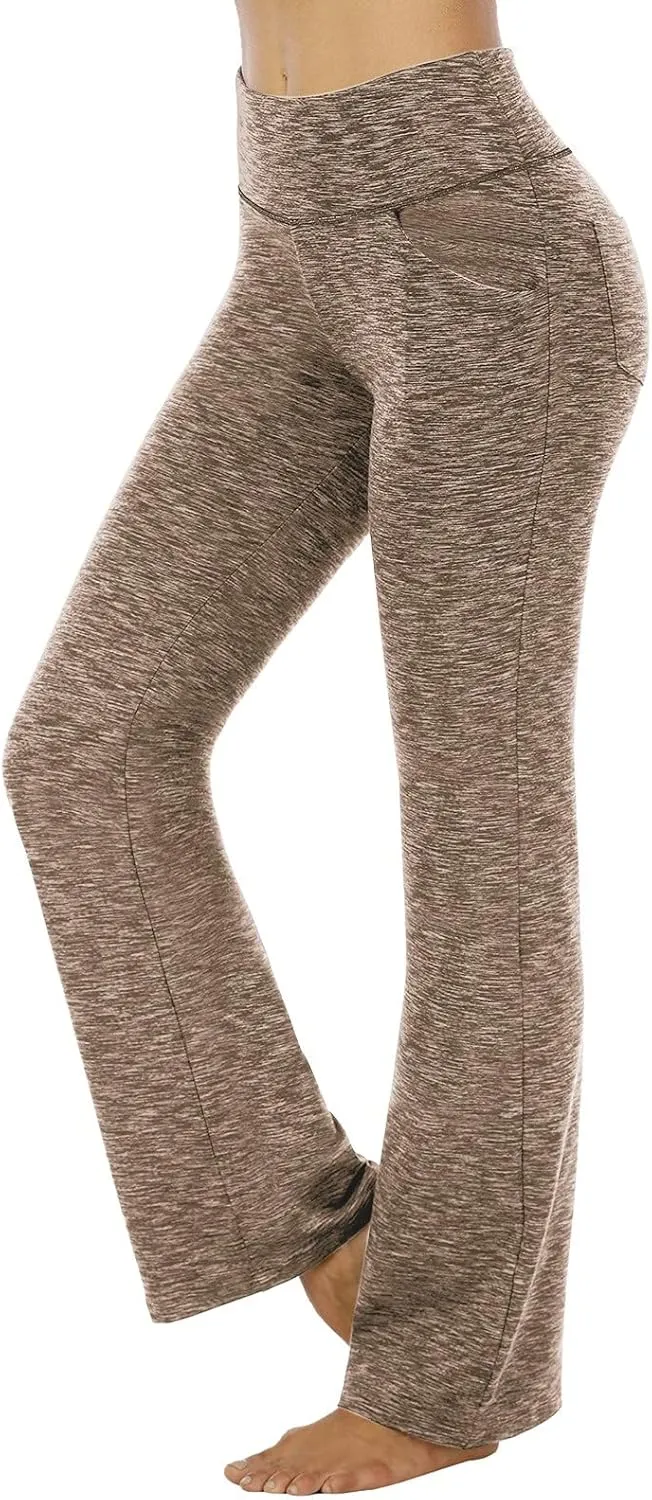 Women's Flare Yoga Pants with Pockets Long Waist Bottom High Palazzo Yoga Pants Tummy Control Workout Running