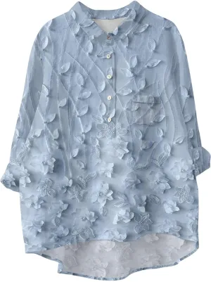 Women's Floral Embroidered Lace Printed Round Neck Long Sleeve Autumn Fragrance Vintage Shirt Tennis
