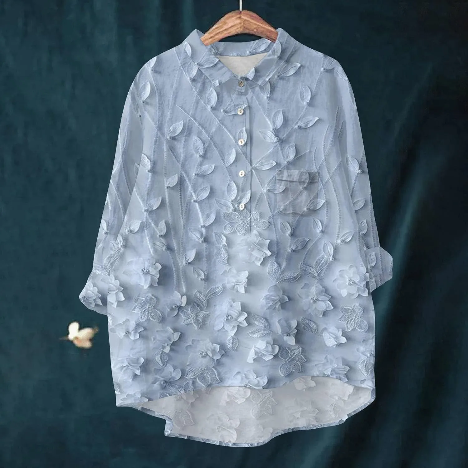 Women's Floral Embroidered Lace Printed Round Neck Long Sleeve Autumn Fragrance Vintage Shirt Tennis