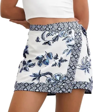 Womens Floral Wrap Short Skirt Summer Beach Mini Skirt Casual Knot Side High Waist A Line Vacation Outfits Skorts
