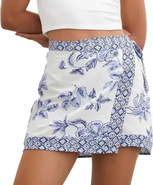 Womens Floral Wrap Short Skirt Summer Beach Mini Skirt Casual Knot Side High Waist A Line Vacation Outfits Skorts(Blue,L)