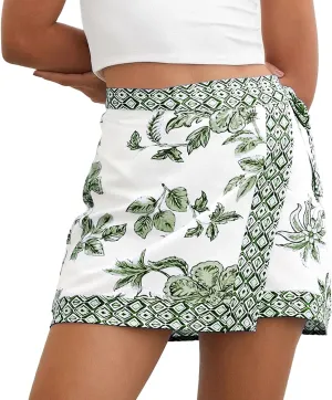 Womens Floral Wrap Short Skirt Summer Beach Mini Skirt Casual Knot Side High Waist A Line Vacation Outfits Skorts(Dark-Green,XS)