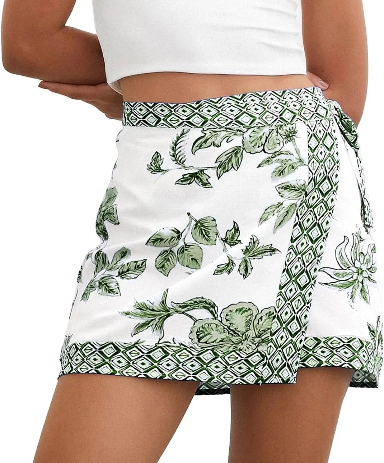 Womens Floral Wrap Short Skirt Summer Beach Mini Skirt Casual Knot Side High Waist A Line Vacation Outfits Skorts(Dark-Green,XS)