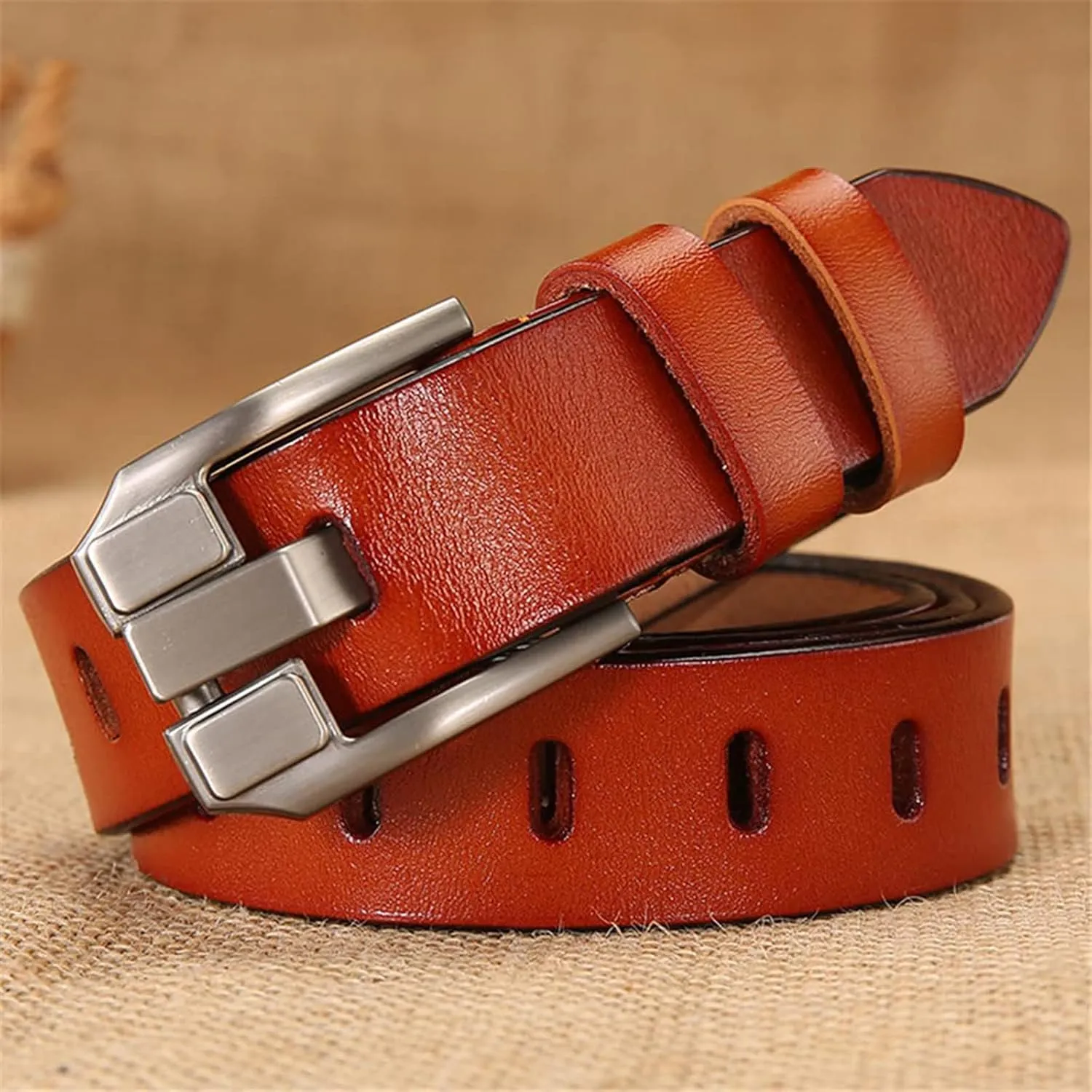 Women's Genuine Leather Belt, Vintage Pin Buckle Reversible Leather Belts, Waistband for Daily Wear